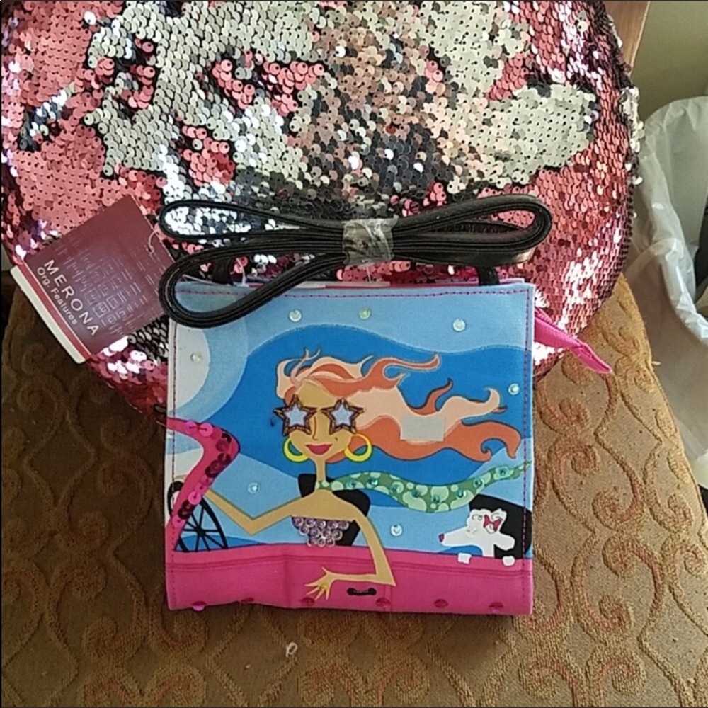 Merona Hot Chick With Dog in Car Purse Sequins 7x6.5”